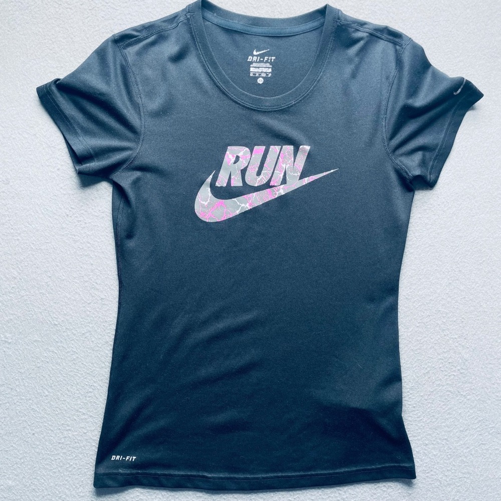 Nike Women Running Shirt Dri-FIT Polyester XS‎ Black Marbled Graphic Tee